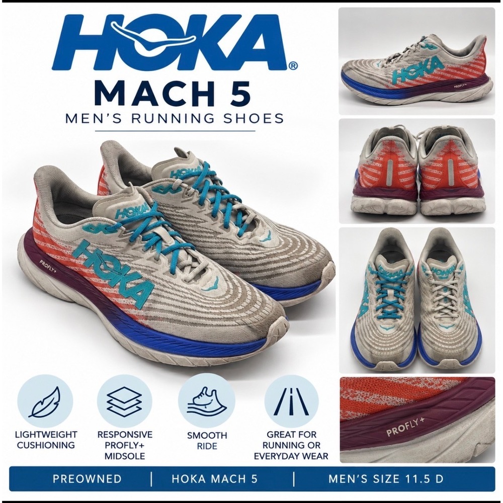 Hoka One One Mach 5 Mens 11.5 D Running Shoes White Flame